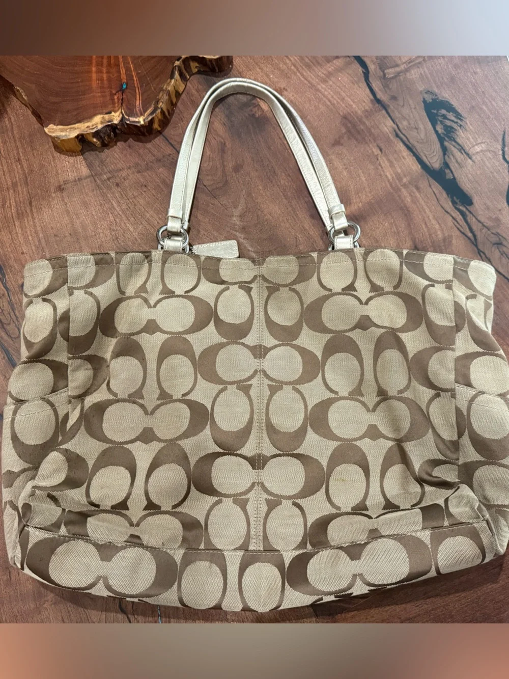 Coach Khaki and Brown Signature Canvas Tote with Leather Trim